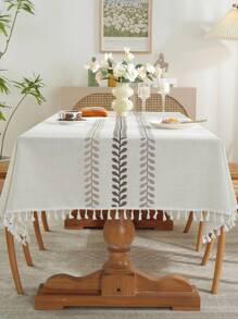 1pc Waterproof Embroidered Tablecloth, Polyester Fabric, Leaf Pattern, Rectangular Shape, Suitable For Living Room, Dining Room, Party, Home Decor, Bedroom Decor, Dining Table Decor - Beige - View 2