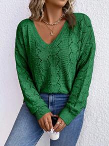 EMERY ROSE Plus Size Women Solid Color V-Neck Hollow Long Sleeve Pullover Sweater For Autumn/Winter Knit Pullover Fall - Green - View 5