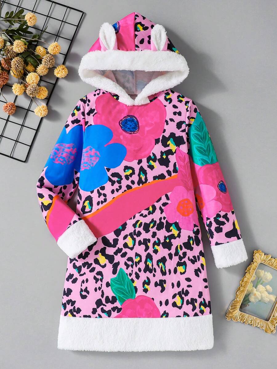 SHEIN Tween Girl Casual Cute Leopard Furry Cat Ear Patchwork Colorblock Dress - Hot Pink - View 1