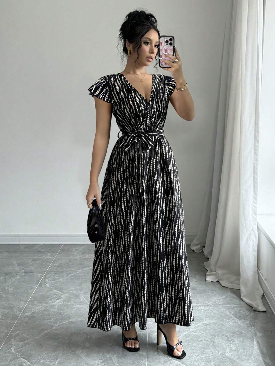 Rafferiza 女士优雅喇叭 A 字形长裙，飘袖，收腰，适合所有季节 - 黑色 - 查看 1