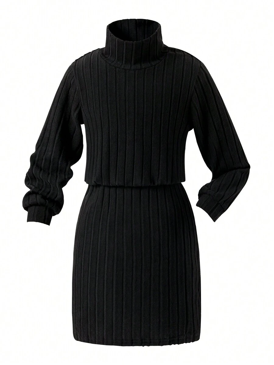 SHEIN Đầm midi trơn cổ cao thời trang thường ngày cho bé gái tuổi teen, phù hợp cho mùa thu đông đi học, ngày lễ hoặc đi chơi - màu đen - Xem 1