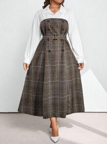 SHEIN Clasi Plus Size Women Autumn Patchwork Plaid Double Breasted Long Sleeve 2 In 1 Elegant Dress Maxi Women Outfit