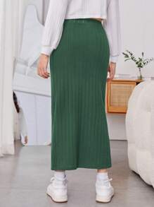 SHEIN 青少年女孩纯色弹性腰部侧开衩下摆罗纹裙，休闲