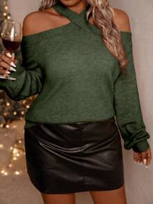 SHEIN Clasi Plus Size Crew Neck Off Shoulder Solid Color Pullover Sweater, Casual And Fashionable For Daily Wear