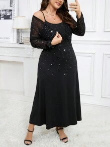 SHEIN Clasi Plus Size Women Rhinestone Mesh Long Sleeve Jacket And Slip Dress Elegant Fashion 2 Pieces Set - Black - View 4