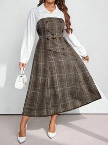 SHEIN Clasi Plus Size Women Autumn Patchwork Plaid Double Breasted Long Sleeve 2 In 1 Elegant Dress Maxi Women Outfit