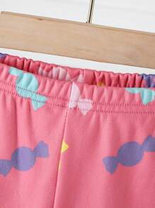 SHEIN 2 件套女婴粉色可爱糖果熊印花紧身裤和长袖连体衣家居服 - 粉色 - 查看 4