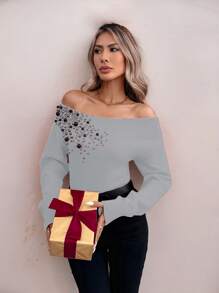 SHEIN Clasi Suéter elegante de mujer con hombros descubiertos, con tachuelas y perlas falsas de punto, de moda para otoño/invierno, jersey de punto de otoño - Gris - Ver 4