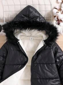 SHEIN Leap Crew 1 szt. Modna, swobodna, ciepła, termiczna kurtka z kapturem dla chłopców, wygodna na powrót do szkoły, urodziny, baby shower, przyjęcie dla dzieci, odpowiednia na jesień/zimę, płaszcz dla chłopca na zimę