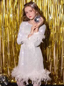 SHEIN Tween Girls Christmas Elegant And Feather Sequin Long Sleeve Dress, Perfect For Parties And Suitable For Fall, Spring, And Winter,White Dress,Party Dress