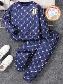 2 件男童休闲可爱舒适字母菱形印花宽松圆领运动衫和裤子套装，适合旅行、上学、日常聚会、秋冬季 - 彩色 - 查看 4