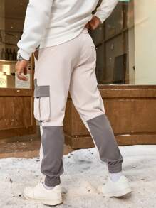 Manfinity Homme Men's Contrast Color Drawstring Casual Trousers, Multi-Pocket Design Fashionable Flap Pocket Side Overalls - Apricot - View 3
