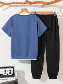 SHEIN Tween Boys Casual 2 In 1 T-Shirt And Sweatpants Set, Suitable For Boys Outfit Sets - Dusty Blue - View 2