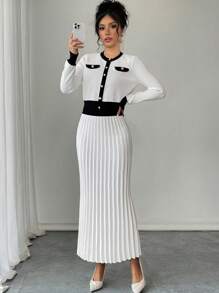 Chiquease مجموعة من التنورة اللون الرائعة + الكارديجان لفصل الخريف/الشتاء, 2 قطعة - أبيض - مشاهدة 4