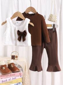 Baby Girl 3pcs Winter Set, Thick Vest, Long Sleeve Top And Flared Pants, Fashion Outfit