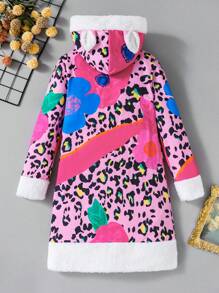 SHEIN Tween Girl Casual Cute Leopard Furry Cat Ear Patchwork Colorblock Dress - Hot Pink - View 2