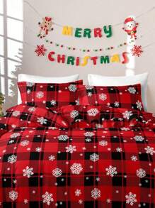 Bộ chăn ga gối họa tiết bông tuyết kẻ caro đỏ đen Giáng sinh 3 món, mềm mại thoáng khí, không nhăn, tốt hơn cho giấc ngủ, phong cách khách sạn sang trọng, quà tặng cho bạn bè bố mẹ, chăn bông chần bông * 1 vỏ gối * 2 cỡ King Queen cỡ đôi đầy đủ - trắng - Xem 2