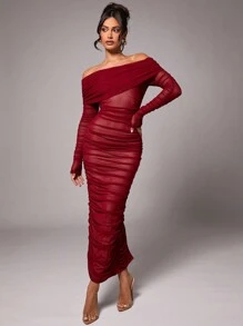 Silquee Váy trễ vai thanh lịch cho nữ, màu đỏ tía, vải lưới co giãn, hoàn hảo cho tiệc cocktail, đêm hẹn hò, sự kiện trang trọng, đám cưới, phù dâu, Halloween, Giáng sinh, đi làm hàng ngày - rất ăn ảnh, ngày lễ tình nhân, váy ngày lễ tình nhân, sở thích của các cô gái mặc trong lễ hội, màu đỏ tía, váy midi một bên vai cá tính - Màu Đỏ Sâu - Xem 3