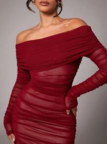 Silquee Váy trễ vai thanh lịch cho nữ, màu đỏ tía, vải lưới co giãn, hoàn hảo cho tiệc cocktail, đêm hẹn hò, sự kiện trang trọng, đám cưới, phù dâu, Halloween, Giáng sinh, đi làm hàng ngày - rất ăn ảnh, ngày lễ tình nhân, váy ngày lễ tình nhân, sở thích của các cô gái mặc trong lễ hội, màu đỏ tía, váy midi một bên vai cá tính - Màu Đỏ Sâu - Xem 4