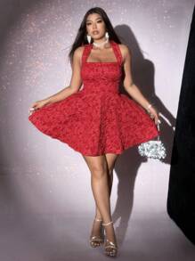 Viva Relle 大码女式纯色提花吊带褶皱腰喇叭形露背浪漫性感连衣裙，情人节 - 紅色 - 查看 4