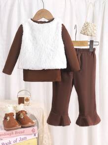 Baby Girl 3pcs Winter Set, Thick Vest, Long Sleeve Top And Flared Pants, Fashion Outfit
