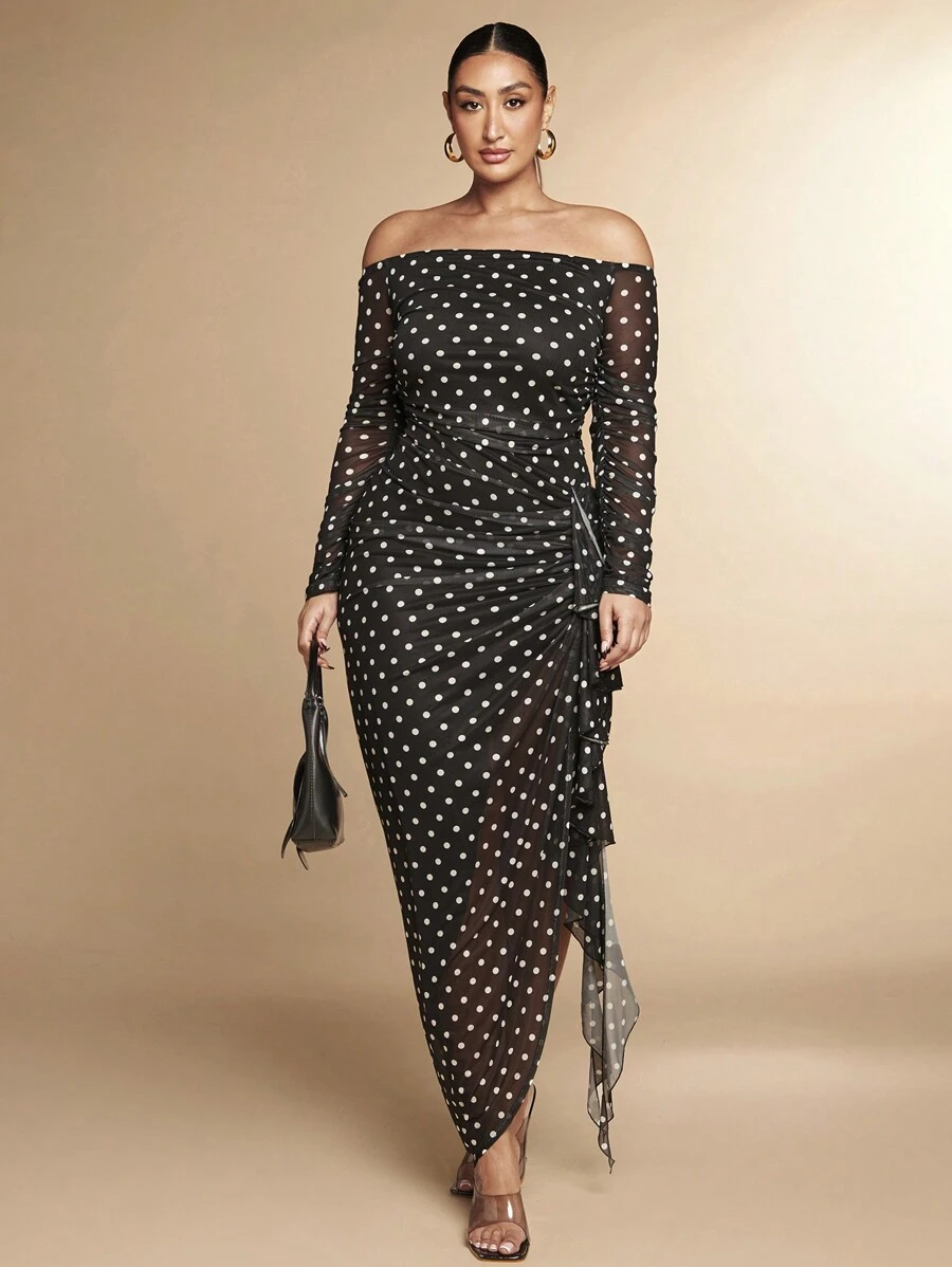 SHEIN BAE Plus Size Autumn Elegant Casual Elegant Sexy Sweet Woman Black Polka Dot Mesh Print Off Shoulder Asymmetrical Ruffle Hem High Slit Long Dress - Multicolor - View 1