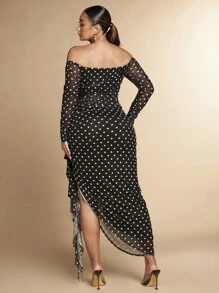SHEIN BAE Plus Size Autumn Elegant Casual Elegant Sexy Sweet Woman Black Polka Dot Mesh Print Off Shoulder Asymmetrical Ruffle Hem High Slit Long Dress - Multicolor - View 2