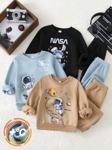 6pcs Young Boys Children Casual Cartoon Print Long Sleeve Sweatshirt And Sweatpants Outfit Set, Black, Khaki, Blue, Suitable For Kids Young Boy Clothes Back To School Boys Sets, Daily Wear, School, Outing, Sports, Autumn & Winter