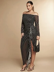 SHEIN BAE Plus Size Autumn Elegant Casual Elegant Sexy Sweet Woman Black Polka Dot Mesh Print Off Shoulder Asymmetrical Ruffle Hem High Slit Long Dress - Multicolor - View 4