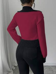 Elenzga Women's Sporty Contrast Color Collar Sweater, Casual And Fashionable For Daily Wear