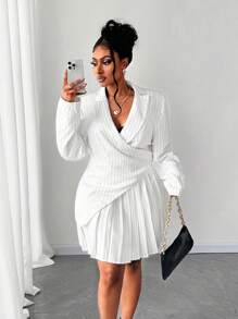 Maweii Ensemble deux pièces grande taille, veste col V à rayures asymétrique et mini-jupe