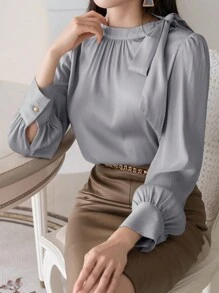 DAZY 秋季纯色蝴蝶结领长袖女式衬衫，秋季女装