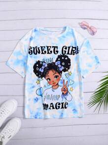 Teen Girl Casual Street Chic Girl Portrait Tie Dye Print T-Shirt - Baby Blue - View 1