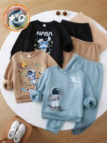 6pcs Young Boys Children Casual Cartoon Print Long Sleeve Sweatshirt And Sweatpants Outfit Set, Black, Khaki, Blue, Suitable For Kids Young Boy Clothes Back To School Boys Sets, Daily Wear, School, Outing, Sports, Autumn & Winter