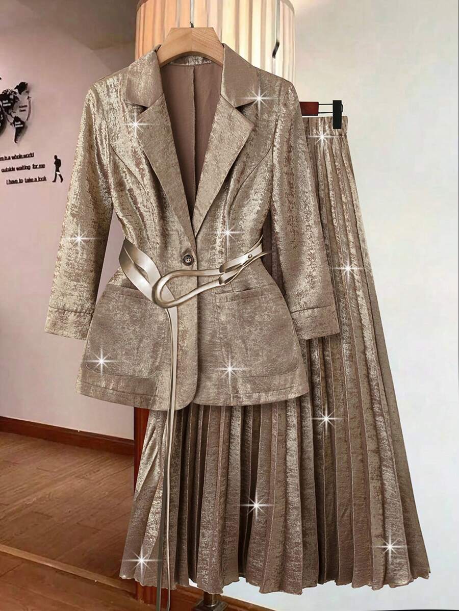 Franclia 女士金色褶皱中长裙和西装外套 2 件套 - 金色 - 查看 1