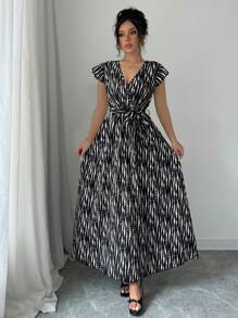 Rafferiza 女士优雅喇叭 A 字形长裙，飘袖，收腰，适合所有季节 - 黑色 - 查看 3