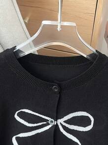 SHEIN Unity Women's Bow Decor Loose Cardigan, Casual For Autumn & Winter - Black - View 8