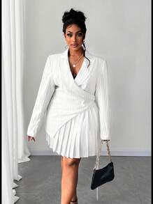 Maweii Ensemble deux pièces grande taille, veste col V à rayures asymétrique et mini-jupe