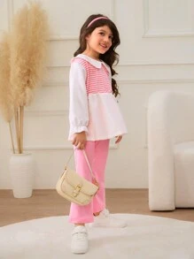 SHEIN 2pcs Young Girls Sets, Cute Bell Sleeve Blouse And Flared Mixed Color Pants; Can Match With Various Jackets, Coats, And Sweaters - Pink - View 4