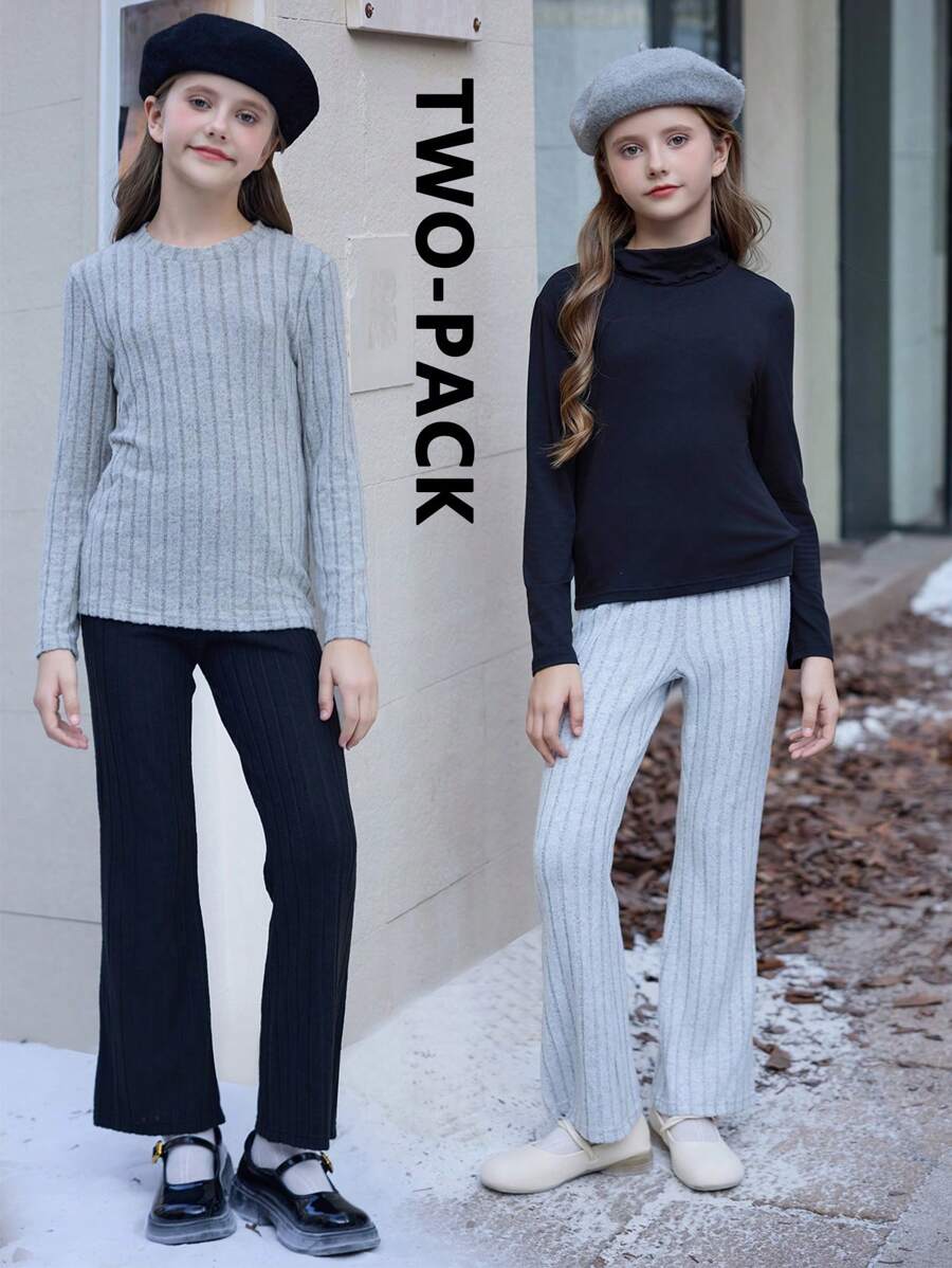 SHEIN Tween Girls Casual And Versatile Two-Pack Knitted Flare Pants, Suitable For Daily Wear,Black And Grey - Multicolor - View 1