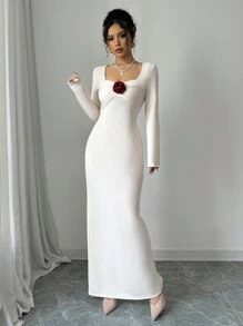 Elenzga 女士纯色米色方领长袖连衣裙长款女装 - 杏色 - 查看 6