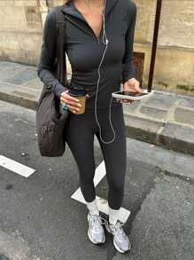 INAWLY 2 Pcs Women Solid Color Zipper Closure Long Sleeve Fitted Top And Long Pants Set - Dark Grey - View 1