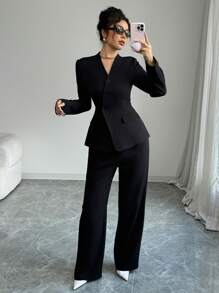 Elenzga Elegant Work Attire V-Neck Slim Fit Single Breasted Women Suit Set, Autumn
