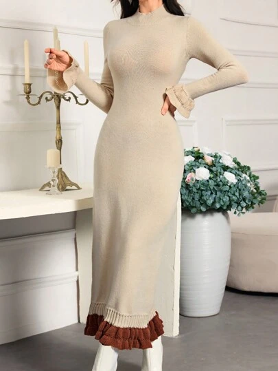 Seusyu 女士休闲拼色荷叶边下摆修身毛衣裙，秋冬