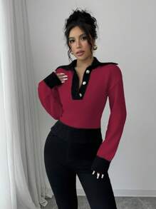Elenzga Women's Sporty Contrast Color Collar Sweater, Casual And Fashionable For Daily Wear