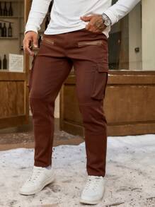 Manfinity Homme Men's Slim Fit Multi-Pocket Pants, Solid Color Casual And Fashionable For Daily Wear - Brown - View 5