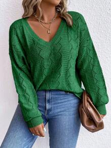 EMERY ROSE Plus Size Women Solid Color V-Neck Hollow Long Sleeve Pullover Sweater For Autumn/Winter Knit Pullover Fall - Green - View 6