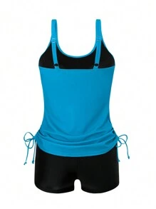 SHEIN Swim 2pcs Printed Modest Tankini With Side Cutout For Women Summer - Blue - View 2