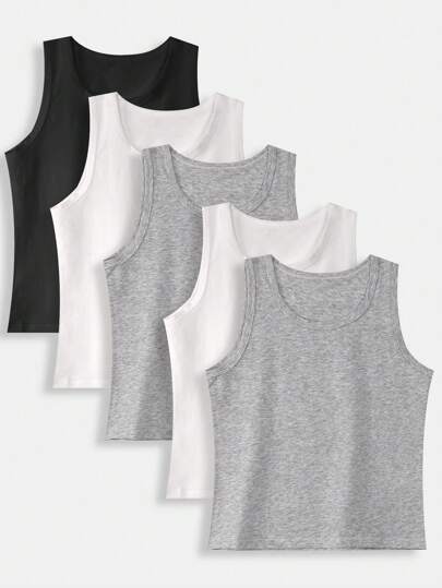 SHEIN 5pcs/Set Tween Boy Solid Color Soft Cotton Casual Sleeveless Undershirts