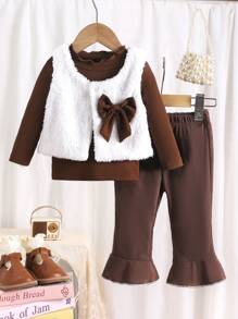 Baby Girl 3pcs Winter Set, Thick Vest, Long Sleeve Top And Flared Pants, Fashion Outfit